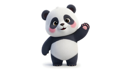 Obraz premium Cute 3D cartoon baby panda waving with rosy cheeks and big expressive eyes, isolated on white