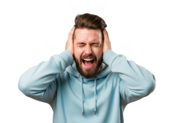 Screaming man covering ears in distress, frustration, and painful noise, stress, anxiety, and mental breakdown, isolated on transparent background