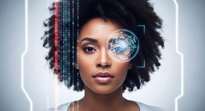 Portrait of a woman with digital overlay on her eye and binary code on the left side of the image - Powered by Adobe