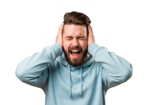 Screaming man covering ears in distress, frustration, and painful noise, stress, anxiety, and mental breakdown, isolated on transparent background