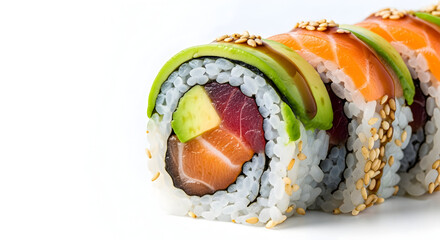 Assorted rainbow sushi rolls with tuna, salmon, avocado and rice topped with sesame, close-up overhead food photography