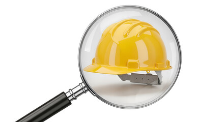 Yellow hard hat viewed through magnifying glass isolated PNG with Transparent Background