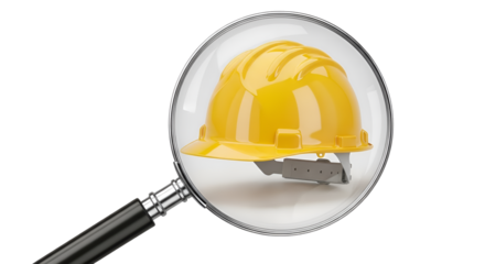 Yellow hard hat viewed through magnifying glass isolated PNG with Transparent Background
