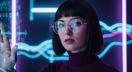 Portrait of a woman with glasses in front of neon lights and digital data display screen panel view