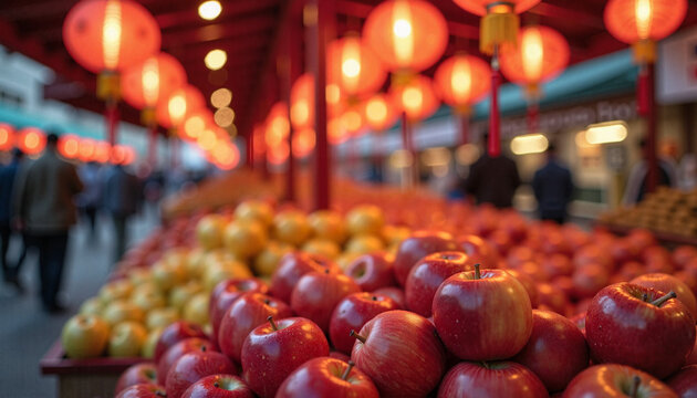 Outdoor market display of red and yellow apples under hanging Chinese lanterns with shoppers blurred - Powered by Adobe