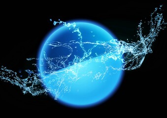 黒背景にしぶきをあげる青い水の玉の3dイラスト