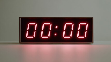 Digital alarm clock with bright red 00:00 time. Time count down or beginning concept. Modern technology device for schedule.
