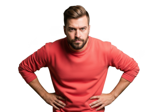 Stern man with hands on hips portrait, serious expression, red shirt, studio shot, male model, isolated image isolated on transparent background