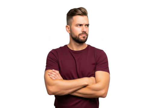 Pensive man with beard and arms crossed wearing maroon t-shirt looking sideways stock photo isolated on transparent background
