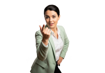 Attractive businesswoman beckoning with hand gesture, inviting or requesting, wearing blazer, professional portrait, png image isolated on transparent background