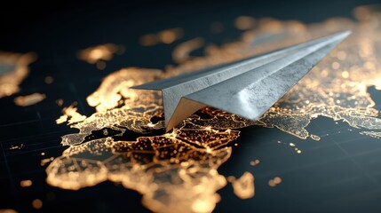 A paper airplane flying over a glowing map of europe, symbolizing global travel and international connections, for business
