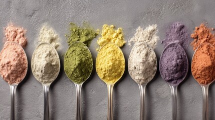 Colorful protein powder in spoons on grey surface. Natural food supplement for healthy diet and sports nutrition.