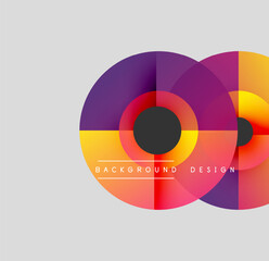 Abstract geometric shapes overlap, creating vibrant color gradients. Modern design elements suggest dynamic visual composition.