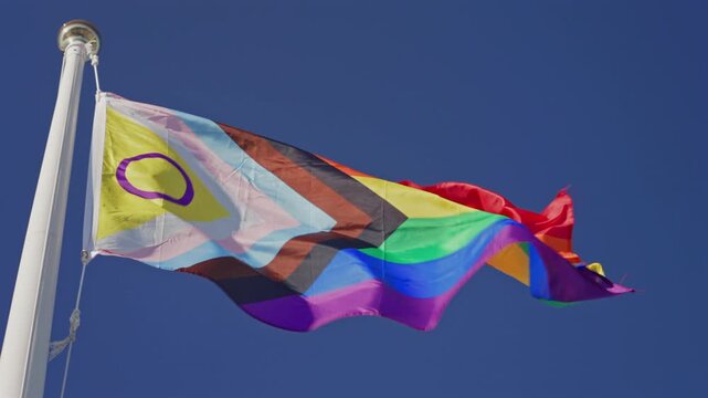 Rainbow Pride Flag Waving on Pole Slow Motion