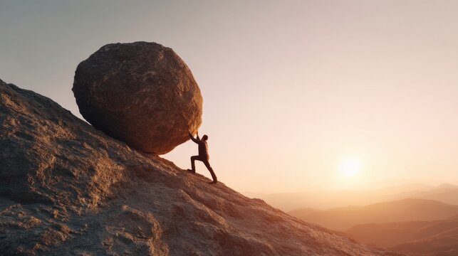 Man pushing large rock up a steep mountain at sunset, symbolizing struggle and overcoming adversity for business success and motivation.