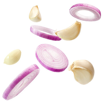 Onion slices and garlic cloves isolated