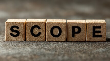 Detailed Closeup of a Handcrafted Wooden Block with the Word Scope, Perfect for Creative Branding, Boosts Innovative Thinking and Encourages Focus.