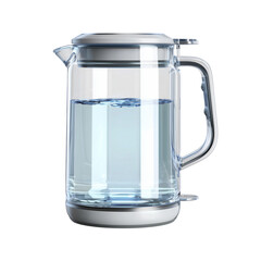 A sleek, transparent glass kettle with a modern design is filled with pure, refreshing water