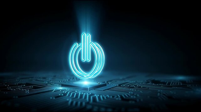 Glowing power button hovering over a futuristic circuit board in a dark room at night