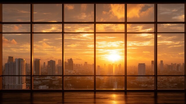 Urban cityscape with sky view from large window at sunset. Empty room with big glass wall overlooking metropolis at sunrise. Modern apartment background. - Powered by Adobe
