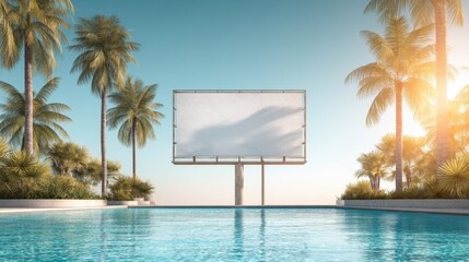 Blank billboard in a luxary resort hotel with a swimming pool and palm tree at sunset, for banner and advertisement.