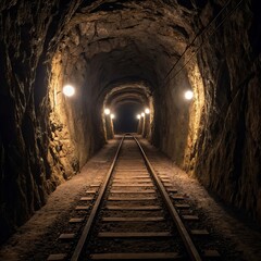 Fototapeta premium Dark long mine tunnel, illuminated by dim rustic light lamps, with rugged stone walls and an old iron rail track