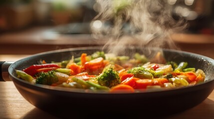 Mixed vegetables cooking in a pan with steam rising. Healthy food concept. Fresh and wholesome meal preparation for dinner.