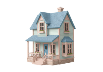Cute house 3 d model blue and pink cottage family home digital illustration transparent background