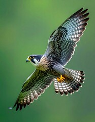 Halc&oacute;n de Eleonor (Falco eleonorae) en pleno vuelo, alas extendidas, mostrando el detalle del plumaje y su silueta aerodin&aacute;mica. Fondo completamente verde chroma key uniforme, sin sombras ni elementos