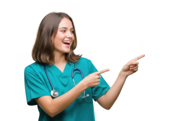Enthusiastic female doctor nurse pointing presenting information medical professional healthcare isolated on transparent background
