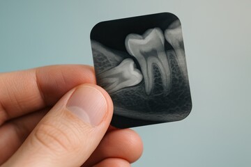 Dental X-ray Shows Impacted Wisdom Tooth Held in Hand, highlighting importance of oral health checks and radiographic diagnosis against a clean light blue background