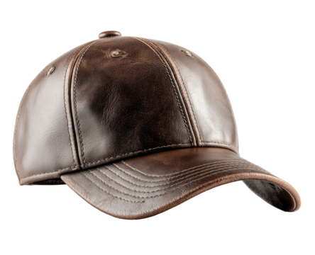 Close-up of a brown leather baseball cap.  The cap is angled, showing the leather's texture and stitching.  A dark brown shade, likely distressed leather,  forms the panels and visor