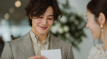 お見合いパーティーで名刺交換する笑顔の婚活男性