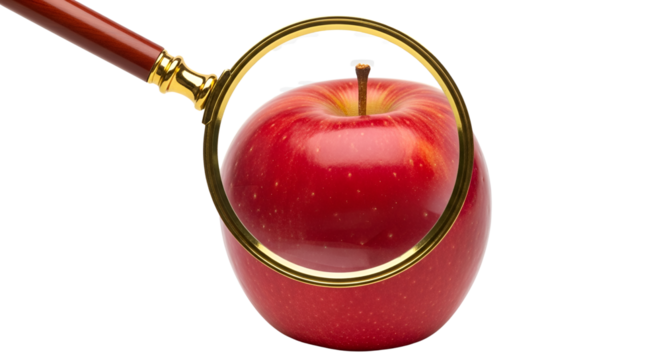 Red apple seen through a magnifying glass isolated PNG with Transparent Background