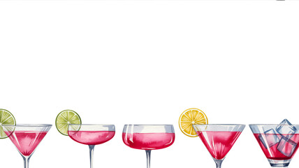 Watercolor illustration, five cocktail glasses, elegant, horizontal line, white background
