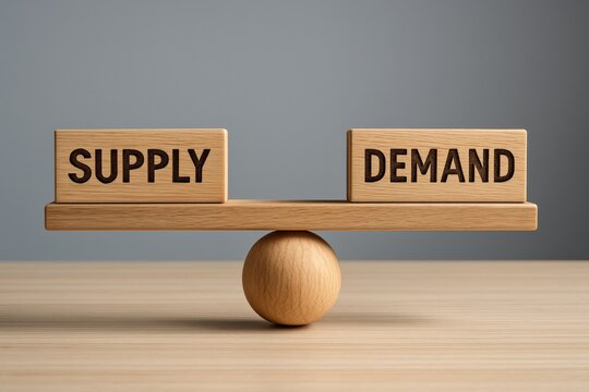 Supply demand equilibrium represented by wooden blocks balancing on a neutral background, symbolizing global market trends and financial stability