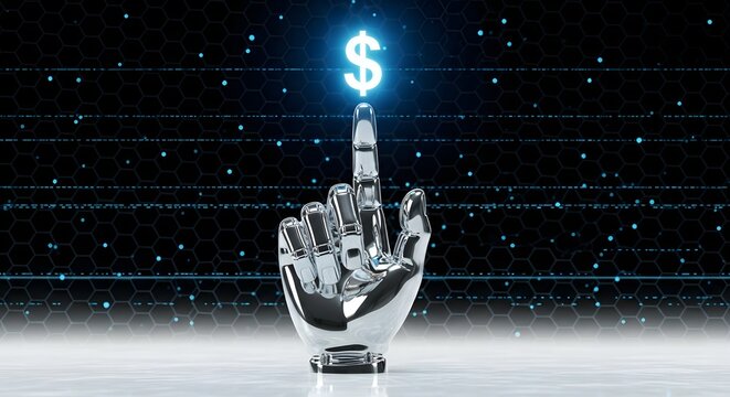 A chrome robot hand pointing up at a glowing dollar sign against a digital background pattern design
