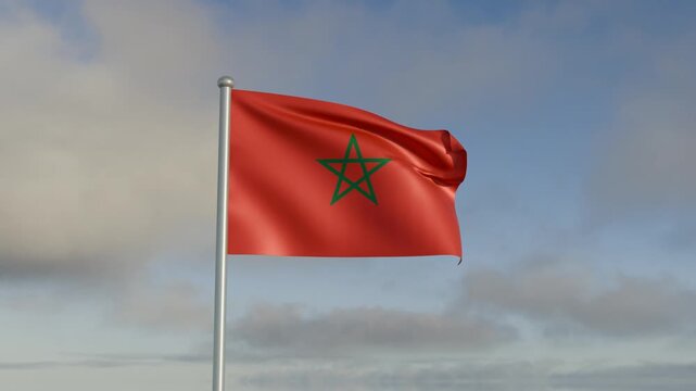 Morocco flag flowing under wind and rippled blue sky and cloud.