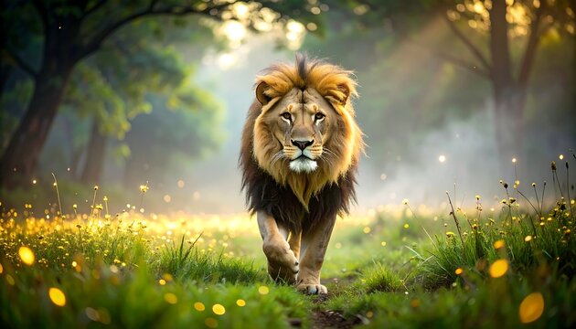 Majestic lion strides through sun-dappled meadow towards viewer. Intense gaze, powerful presence - Powered by Adobe