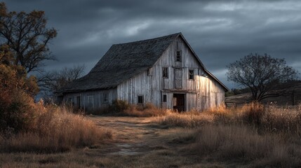 Obraz premium Weathered Barn Under Dramatic Sky Evokes Rural America Tranquility