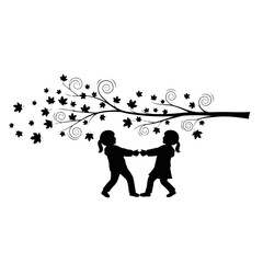 Vector art of silhouette of children playing with a branch with leaves