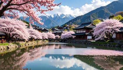 Fototapeta premium Cherry blossom trees line a canal in a village set against snow-capped mountains