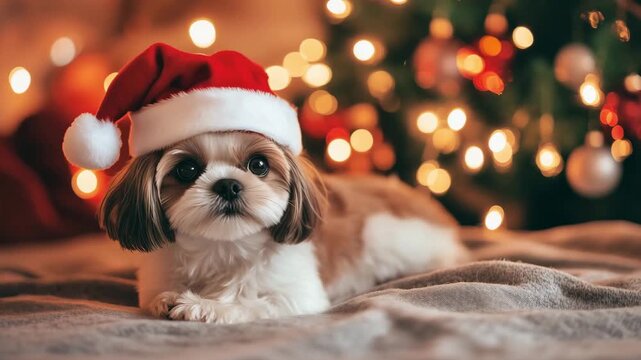 A small dog wearing a Santa hat relaxes indoors near a beautifully decorated Christmas tree surrounded by colorful lights during the holiday season