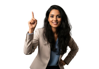 Professional businesswoman pointing upward with an idea, isolated portrait of a confident woman, stock photo, isolated on transparent background