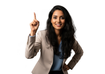 Professional businesswoman pointing upward with an idea, isolated portrait of a confident woman, stock photo, isolated on transparent background