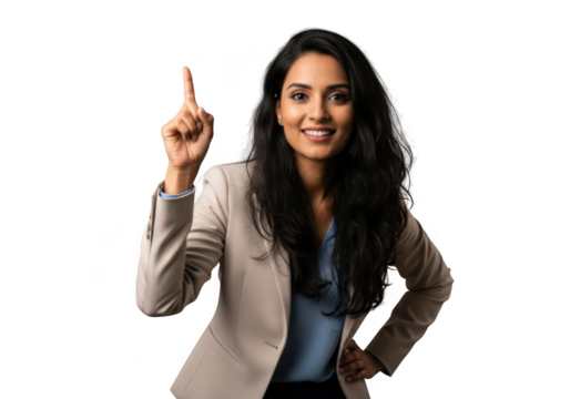 Professional businesswoman pointing upward with an idea, isolated portrait of a confident woman, stock photo, isolated on transparent background
