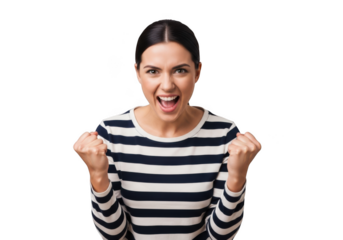 Excited woman celebrating success clenching fists posing joyfully achieving goal victory happiness isolated on transparent background