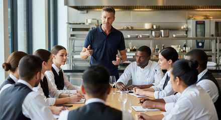 Restaurant manager leading staff meeting in kitchen