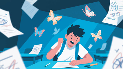 illustration of a restless student, surrounded by thoughts flying like butterflies vector design template