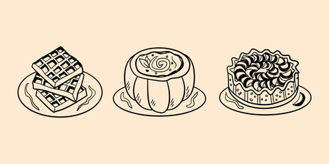 Autumn season and thanksgiving food hand drawn illustration collection. Apple pie cake, waffle, stuffed pumpkin doodle clip art vector.	